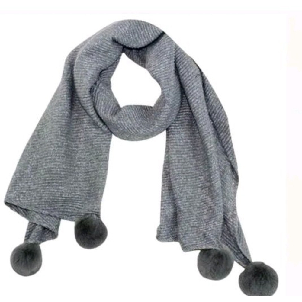 Michael Stars Party Pom Poms Wrap Scarf Silvery Gray 21.5”x81” NWOT Soft (234)
